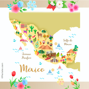 Mapa ilustrado de México con flores