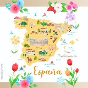 Mapa ilustrado de España con flores