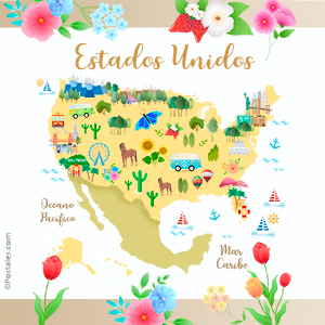 Mapa ilustrado de Estados Unidos con flores