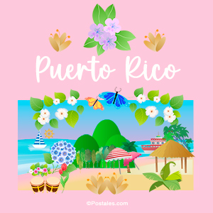 Postal de Puerto Rico en rosa y flores