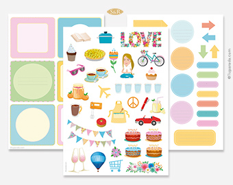 Tres planchas de Stickers y Etiquetas pastel A4 o A5