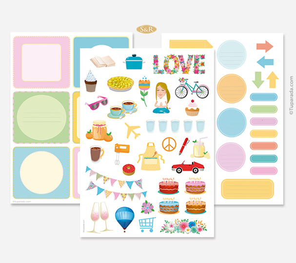 Tres planchas de Stickers y Etiquetas pastel A4 o A5