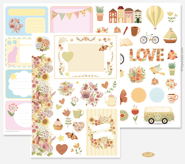Set Vintage con flores para Scrapbook A4 o A5